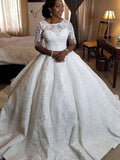 Ball Gown Satin Applique 1/2 Sleeves Sweep/Brush Train Scoop Wedding Dresses TPP0006964
