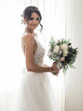 A-Line/Princess Lace Tulle Sleeveless Halter Floor-Length Wedding Dresses TPP0006596