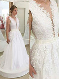 A-Line/Princess V-neck Applique Sleeveless Sweep/Brush Train Tulle Wedding Dresses TPP0006568