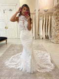 Trumpet/Mermaid Halter Sweep/Brush Train Tulle Sleeveless Applique Wedding Dresses TPP0006872