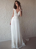 A-Line/Princess Tulle Applique V-neck Sleeveless Sweep/Brush Train Wedding Dresses TPP0006481