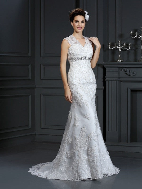 Sheath/Column V-neck Beading Sleeveless Long Lace Wedding Dresses TPP0006318