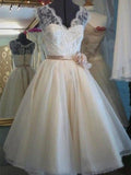 A-Line/Princess V-neck Knee-Length Lace Sleeveless Sash/Ribbon/Belt Tulle Wedding Dresses TPP0006677