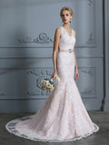 Trumpet/Mermaid V-neck Sleeveless Applique Tulle Court Train Wedding Dresses TPP0006470