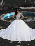 Ball Gown Tulle Beading Scoop Long Sleeves Sweep/Brush Train Wedding Dresses TPP0006828