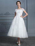 A-Line/Princess Scoop Short Sleeves Tea-Length Beading Tulle Wedding Dresses TPP0006474
