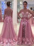 A-Line/Princess Scoop Long Sleeves Applique Tulle Floor-Length Dresses TPP0001929