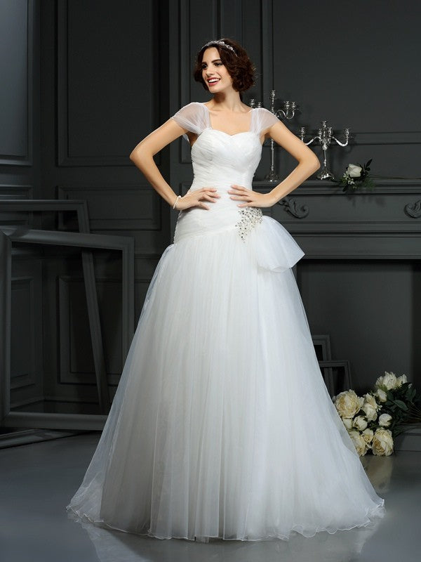 A-Line/Princess Sweetheart Beading Sleeveless Long Organza Wedding Dresses TPP0006942