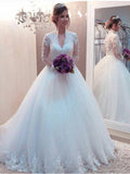 Ball Gown Tulle Applique High Neck Long Sleeves Sweep/Brush Train Wedding Dresses TPP0006757