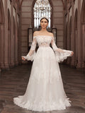 A-Line/Princess Off-the-Shoulder Tulle Long Sleeves Applique Sweep/Brush Train Wedding Dresses TPP0005981