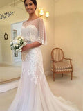 Sheath/Column Tulle Applique Sweetheart Sleeveless Sweep/Brush Train Wedding Dresses TPP0006810