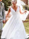 A-Line/Princess Sweep/Brush Train Satin Applique Sleeveless V-neck Wedding Dresses TPP0006993
