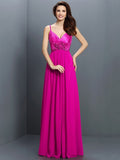A-Line/Princess V-neck Hand-Made Flower Sleeveless Long Chiffon Bridesmaid Dresses TPP0005634