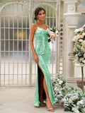 Sheath/Column Sequins Ruched Spaghetti Straps Sleeveless Floor-Length Bridesmaid Dresses TPP0004929
