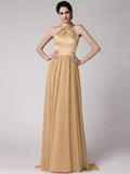 Sheath/Column Halter Sleeveless Pleats Long Elastic Woven Satin Chiffon Bridesmaid Dresses TPP0005653