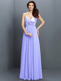 A-Line/Princess V-neck Hand-Made Flower Sleeveless Long Chiffon Bridesmaid Dresses TPP0005634