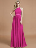 A-Line/Princess Halter Sleeveless Ruched Floor-Length Chiffon Bridesmaid Dresses TPP0005700