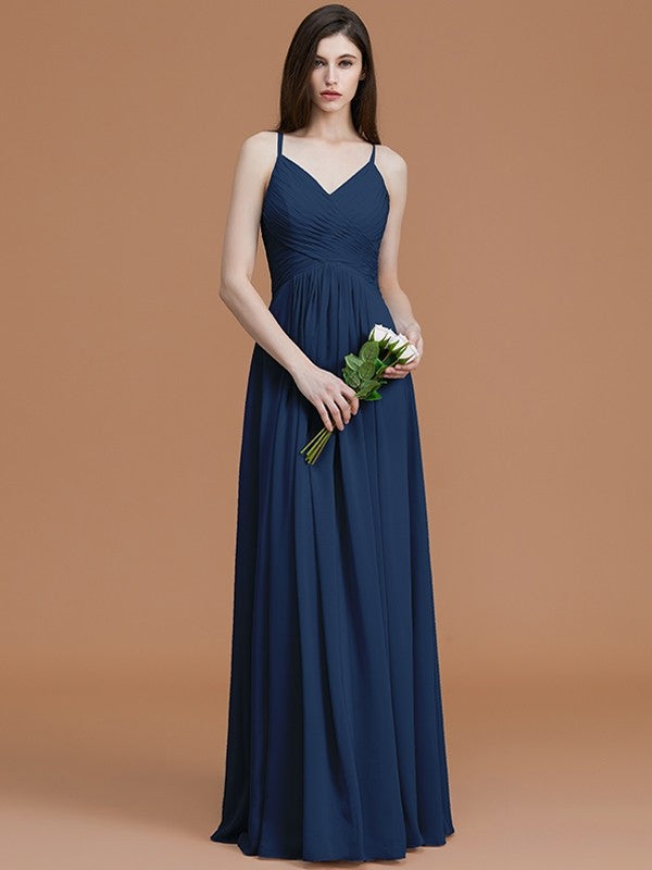 A-Line/Princess Spaghetti Straps Sleeveless Floor-Length Ruched Chiffon Bridesmaid Dresses TPP0005655