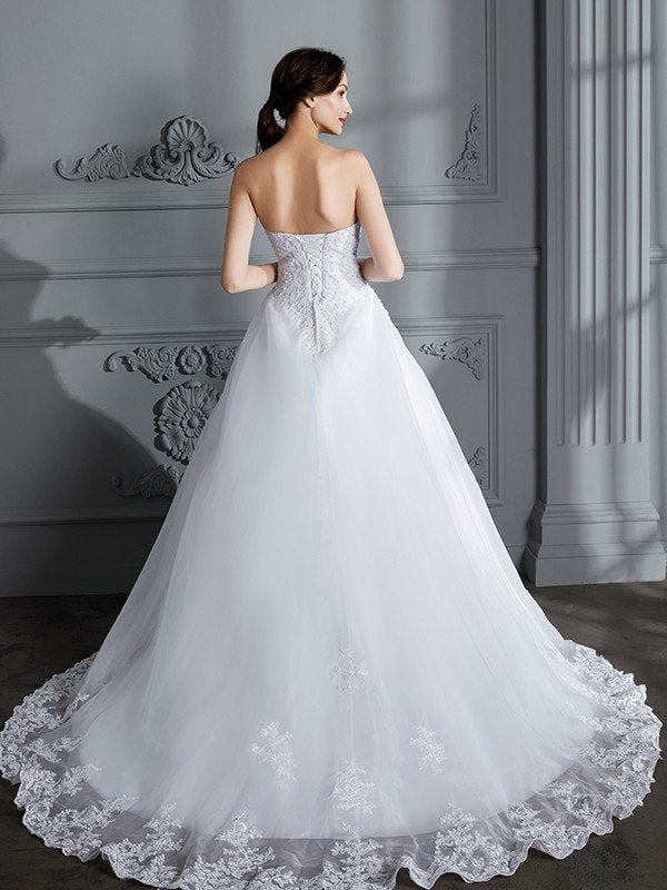 Ball Gown Strapless Sleeveless Court Train Organza Wedding Dresses TPP0006185
