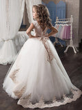 Ball Gown Scoop Tulle Applique Floor-Length Sleeveless Flower Girl Dresses TPP0007534