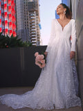 A-Line/Princess V-neck Long Sleeves Lace Applique Sweep/Brush Train Wedding Dresses TPP0005920