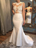 Trumpet/Mermaid Sleeveless Scoop Court Train Applique Satin Wedding Dresses TPP0005962