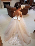 Ball Gown Long Sleeves Off-the-Shoulder Sweep/Brush Train Applique Tulle Flower Girl Dresses TPP0007572