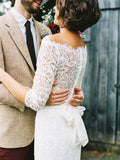 Sheath/Column 3/4 Sleeves Lace Off-the-Shoulder Bowknot Sweep/Brush Train Wedding Dresses TPP0006241