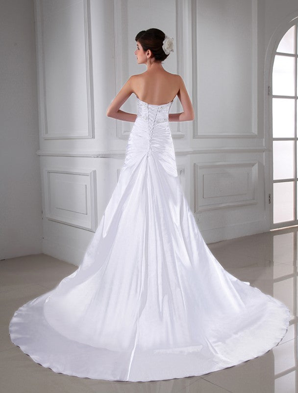 A-Line/Princess Beading Applique Sleeveless Elastic Woven Satin Wedding Dresses TPP0006904