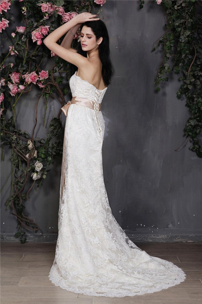 Sheath/Column Strapless Sleeveless Sash Long Lace Wedding Dresses TPP0006791