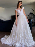 A-Line/Princess Tulle Applique V-neck Sleeveless Court Train Wedding Dresses TPP0006412