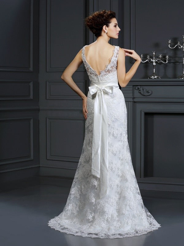 Trumpet/Mermaid Sweetheart Applique Sleeveless Long Lace Wedding Dresses TPP0006743