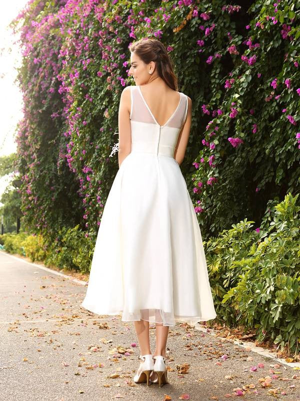 A-Line/Princess Bateau Sash/Ribbon/Belt Sleeveless Long Satin Wedding Dresses TPP0006595