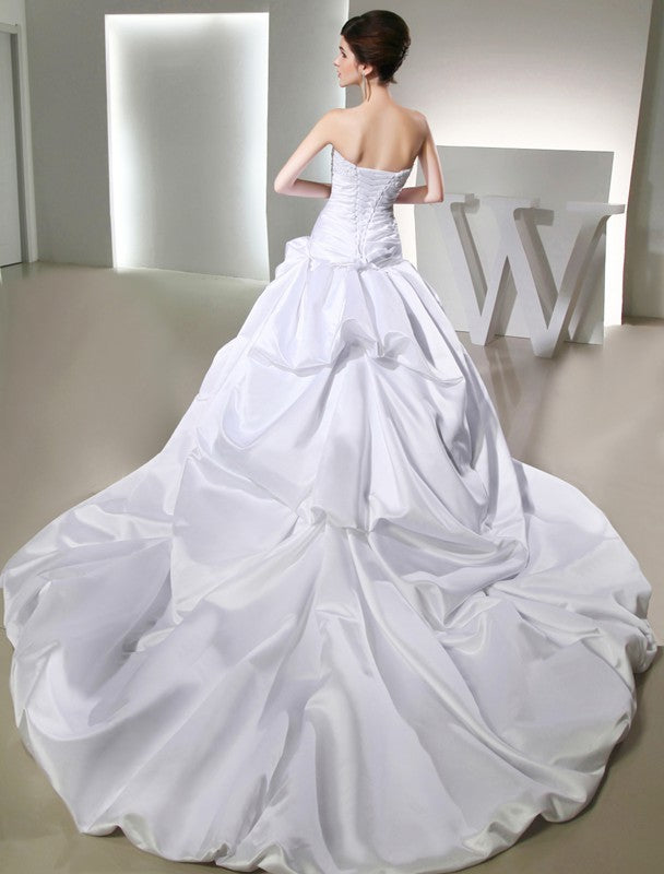 Ball Gown Beading Long Satin Strapless Sleeveless Wedding Dresses TPP0006895