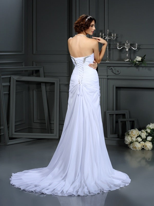 Sheath/Column Sweetheart Beading Sleeveless Long Chiffon Wedding Dresses TPP0006704
