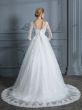 Ball Gown V-neck 3/4 Sleeves Court Train Lace Tulle Wedding Dresses TPP0006428