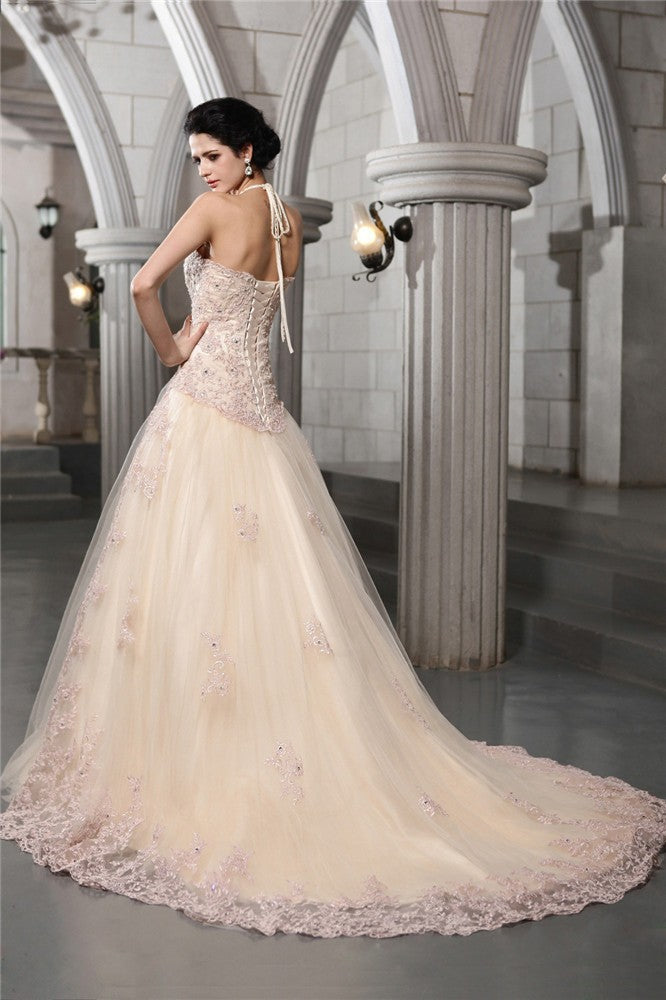 A-Line/Princess High Neck Sleeveless Beading Applique Long Net Wedding Dresses TPP0006620