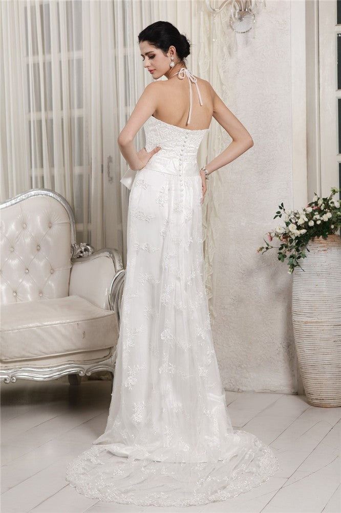 Sheath/Column V-neck Sleeveless Lace Applique Long Net Wedding Dresses TPP0006973