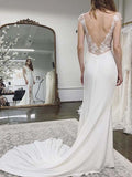 Sheath/Column Stretch Crepe Lace V-neck Sleeveless Court Train Wedding Dresses TPP0006988