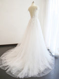 A-Line/Princess V-neck Court Train Short Sleeves Applique Tulle Wedding Dresses TPP0006488
