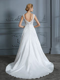 A-Line/Princess V-neck Sweep/Brush Train Sleeveless Applique Satin Wedding Dresses TPP0006626