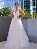 A-Line/Princess Tulle V-neck Applique Sleeveless Sweep/Brush Train Wedding Dresses TPP0006067