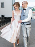 A-Line/Princess Straps Satin Ruffles Sleeveless Tea-Length Wedding Dresses TPP0006974