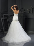 Trumpet/Mermaid Sweetheart Applique Sleeveless Long Tulle Wedding Dresses TPP0006386