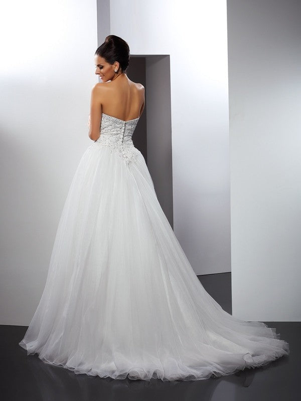 A-Line/Princess Sweetheart Applique Sleeveless Long Net Wedding Dresses TPP0006394