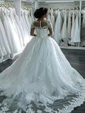Ball Gown Applique Tulle Scoop Long Sleeves Court Train Wedding Dresses TPP0006274