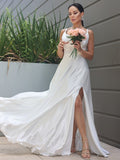 A-Line/Princess Satin Ruched V-neck Sleeveless Sweep/Brush Train Wedding Dresses TPP0007022