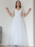 A-Line/Princess Tulle Ruffles V-neck Sleeveless Floor-Length Wedding Dresses TPP0007026