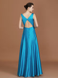 A-Line/Princess V-neck Sleeveless Floor-Length Ruffles Satin Bridesmaid Dress TPP0005646