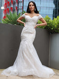 Trumpet/Mermaid Tulle Applique Off-the-Shoulder Sleeveless Sweep/Brush Train Wedding Dresses TPP0006311
